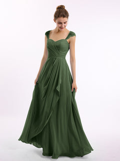 Long Chiffon Bridesmaid Gown with Lace Cap Sleeves Olive Green