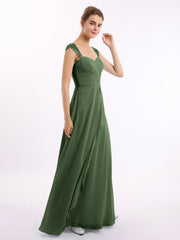 Long Chiffon Bridesmaid Gown with Lace Cap Sleeves Olive Green