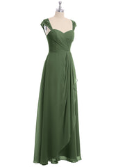 Long Chiffon Bridesmaid Gown with Lace Cap Sleeves Olive Green