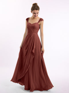 Long Chiffon Bridesmaid Gown with Lace Cap Sleeves Terracotta