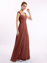 Long Chiffon Bridesmaid Gown with Lace Cap Sleeves Terracotta