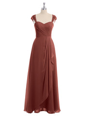 Long Chiffon Bridesmaid Gown with Lace Cap Sleeves Terracotta