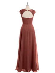 Long Chiffon Bridesmaid Gown with Lace Cap Sleeves Terracotta