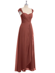 Long Chiffon Bridesmaid Gown with Lace Cap Sleeves Terracotta