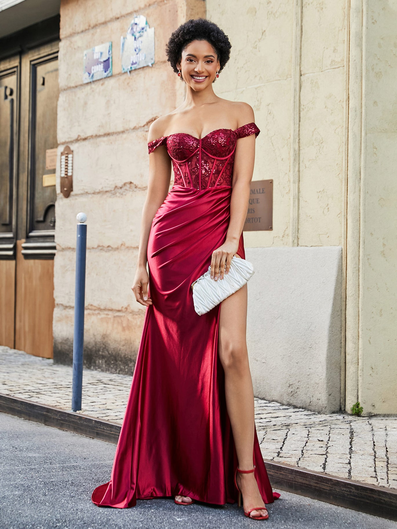 Off-the-shoulder Sweep Train Stretch Satin Prom Dresses Burgundy