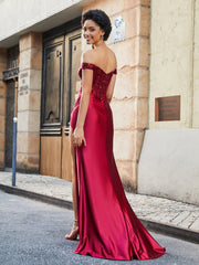 Off-the-shoulder Sweep Train Stretch Satin Prom Dresses Burgundy Plus Size