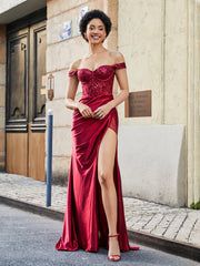 Off-the-shoulder Sweep Train Stretch Satin Prom Dresses Burgundy Plus Size