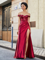 Off-the-shoulder Sweep Train Stretch Satin Prom Dresses Burgundy Plus Size
