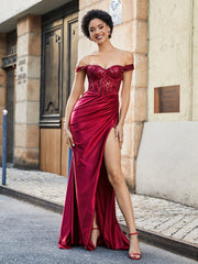 Off-the-shoulder Sweep Train Stretch Satin Prom Dresses Burgundy Plus Size