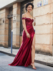 Off-the-shoulder Sweep Train Stretch Satin Prom Dresses Burgundy Plus Size
