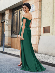 Off-the-shoulder Sweep Train Stretch Satin Prom Dresses Dark Green Plus Size