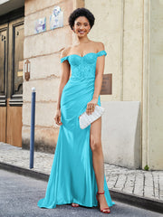 Off-the-shoulder Sweep Train Stretch Satin Prom Dresses Jade Plus Size