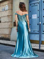 Off-the-shoulder Sweep Train Stretch Satin Prom Dresses Teal Plus Size