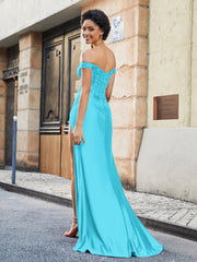 Off-the-shoulder Sweep Train Stretch Satin Prom Dresses Jade Plus Size