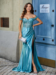 Off-the-shoulder Sweep Train Stretch Satin Prom Dresses Teal Plus Size