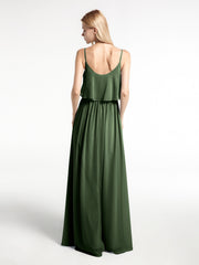 Spaghetti Strap Scoop Neck Ruffle Bodice Dress Olive Green