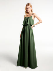 Spaghetti Strap Scoop Neck Ruffle Bodice Dress Olive Green