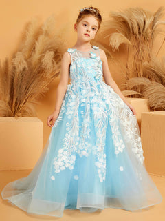 Cute Floral Appliqued Tulle Ball-Gown with 3D Butterfly Accents Sky Blue