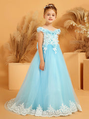 Off-the-shoulder Lace Top Tulle Dress with 3D Flower Sky Blue