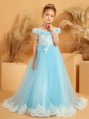 Off-the-shoulder Lace Top Tulle Dress with 3D Flower Sky Blue