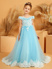 Off-the-shoulder Lace Top Tulle Dress with 3D Flower Sky Blue