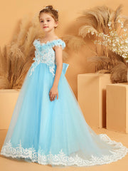 Off-the-shoulder Lace Top Tulle Dress with 3D Flower Sky Blue
