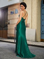 Spaghetti Straps Mermaid Polyester Prom Dresses Dark Green Plus Size