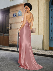 Spaghetti Straps Mermaid Polyester Prom Dresses Dusty Rose