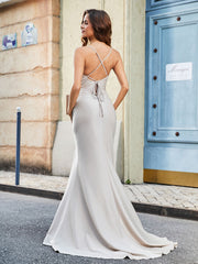 Spaghetti Straps Mermaid Polyester Prom Dresses Silver Plus Size