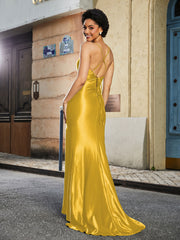 Spaghetti Straps Mermaid Polyester Prom Dresses Marigold