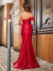 Off-the-shoulder Mermaid Stretch Satin Prom Dresses Burgundy Plus Size