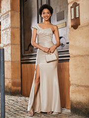 Off-the-shoulder Mermaid Stretch Satin Prom Dresses Champagne Plus Size