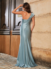 Off-the-shoulder Mermaid Stretch Satin Prom Dresses Steel Grey Plus Size