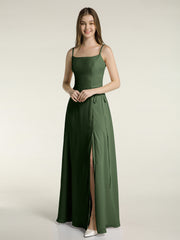 Spaghetti Strap Simple Dress with Slit Olive Green