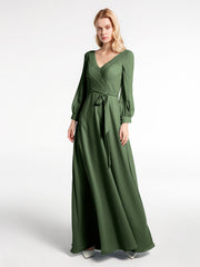 Bishop Sleeves Chiffon V-neck Dress with Bow Olive Green