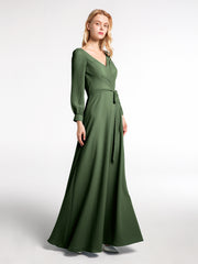 Bishop Sleeves Chiffon V-neck Dress with Bow Olive Green