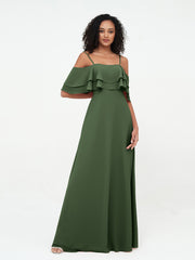 Spaghetti Straps Chiffon Dresses with Ruffle Olive Green