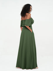 Spaghetti Straps Chiffon Dresses with Ruffle Olive Green