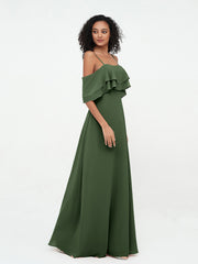 Spaghetti Straps Chiffon Dresses with Ruffle Olive Green