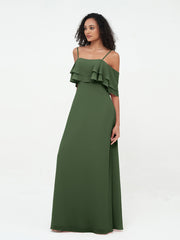 Spaghetti Straps Chiffon Dresses with Ruffle Olive Green