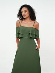 Spaghetti Straps Chiffon Dresses with Ruffle Olive Green