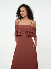 Spaghetti Straps Chiffon Dresses with Ruffle Terracotta
