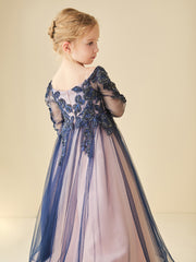 Lace Appliqued Beaded Tulle Flower Girl Dress