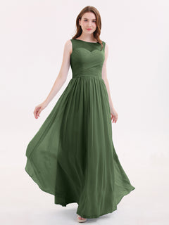 Illusion Neck Chiffon Full Length Dresses Olive Green