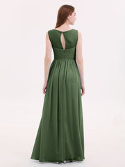 Illusion Neck Chiffon Full Length Dresses Olive Green