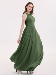 Illusion Neck Chiffon Full Length Dresses Olive Green