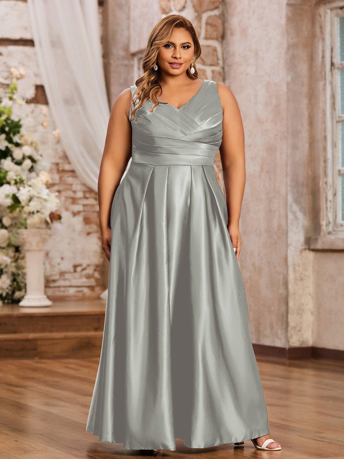 BABARONI Satin Silver Prom Dresses A-line V-neck Floor-length Sleeveless –  BABARONI UK