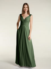 Lace Strap V Neckline Chiffon Bridesmaid Dress Olive Green