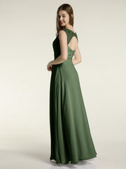 Lace Strap V Neckline Chiffon Bridesmaid Dress Olive Green