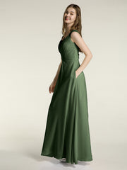 Lace Strap V Neckline Chiffon Bridesmaid Dress Olive Green